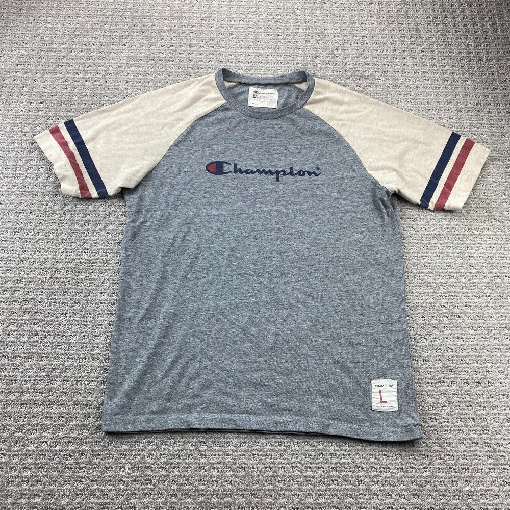 Champion Shirt Men Large L Gray Brown Red Blue Stripes Spell Out Casual Sports